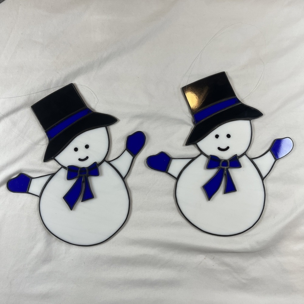 Vintage Stained Glass 10" Snowman Sun Catcher‎ Set Of 2